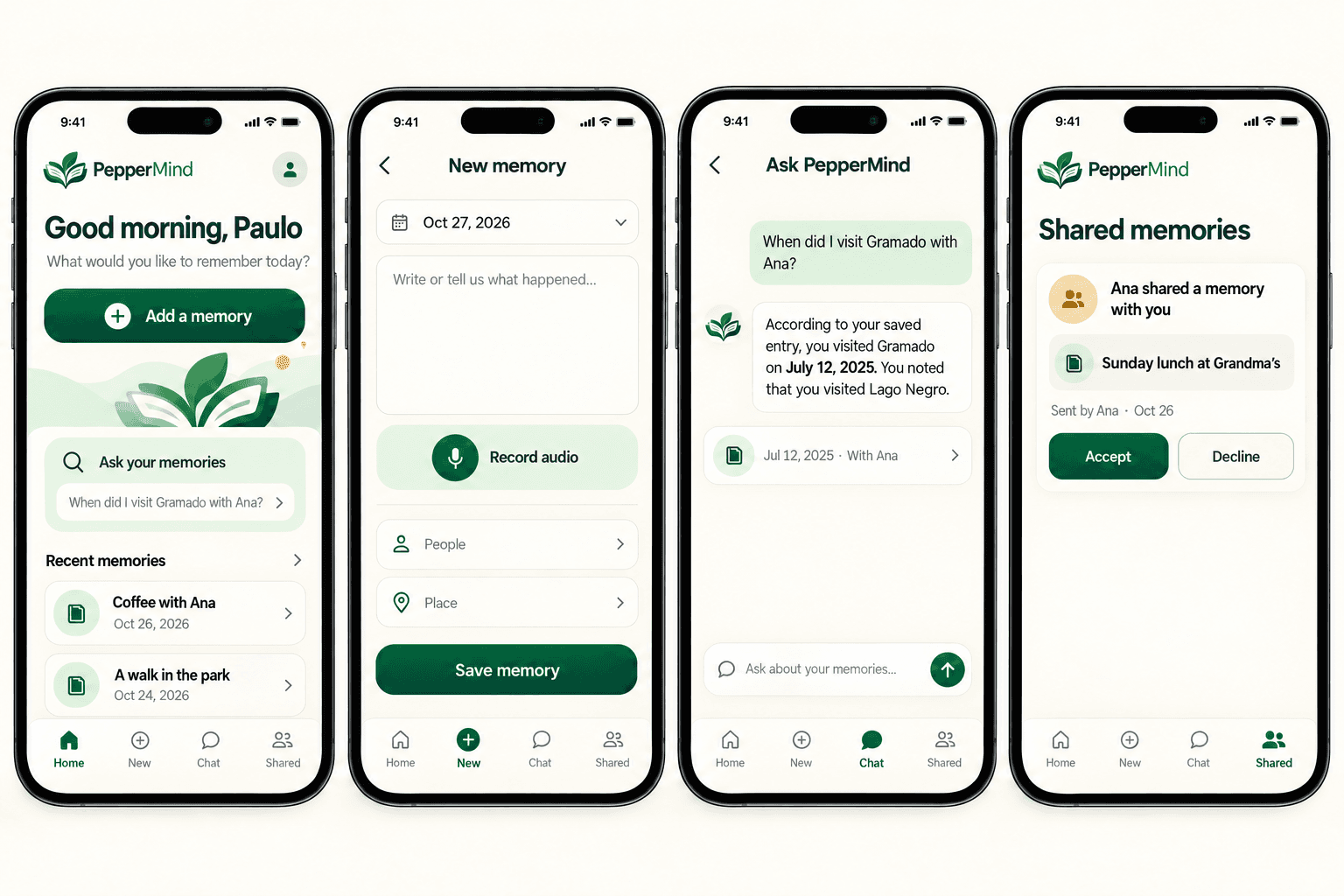 Four early design concept screens: a home screen, a new-memory form, a question about a saved trip, and a shared-memory invitation